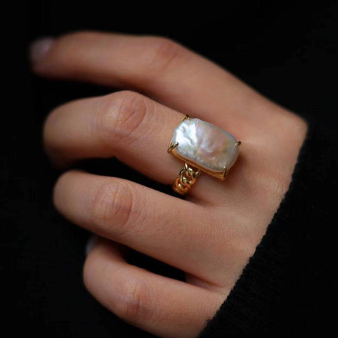 Adjustable Rectangular Freshwater Baroque Pearl Ring in Gold Vermeil - House Of Pearls